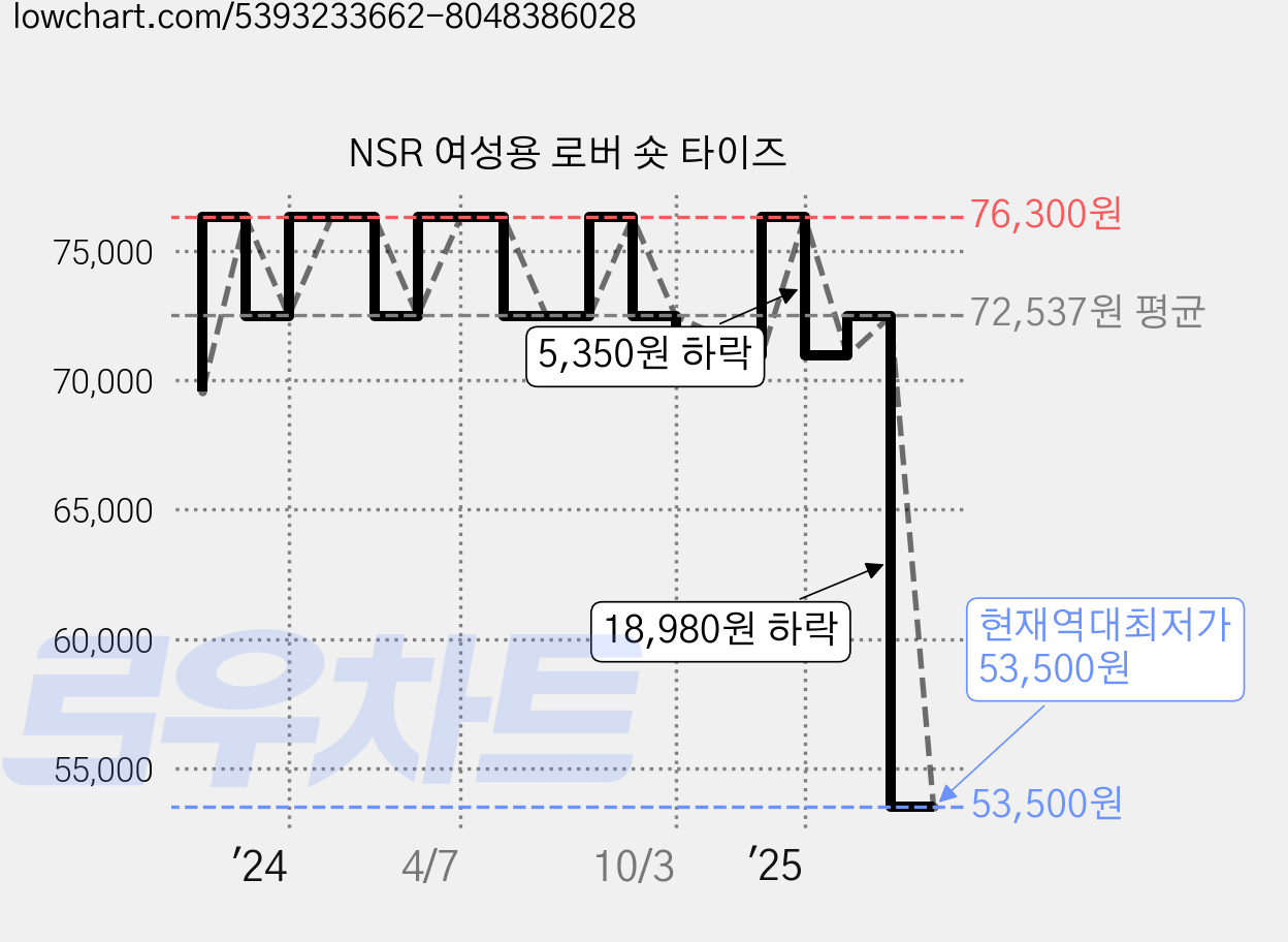 NSR 여성용 로버 숏 타이즈 가격 변동 차트, 현재가 53,500원, 역대최저가