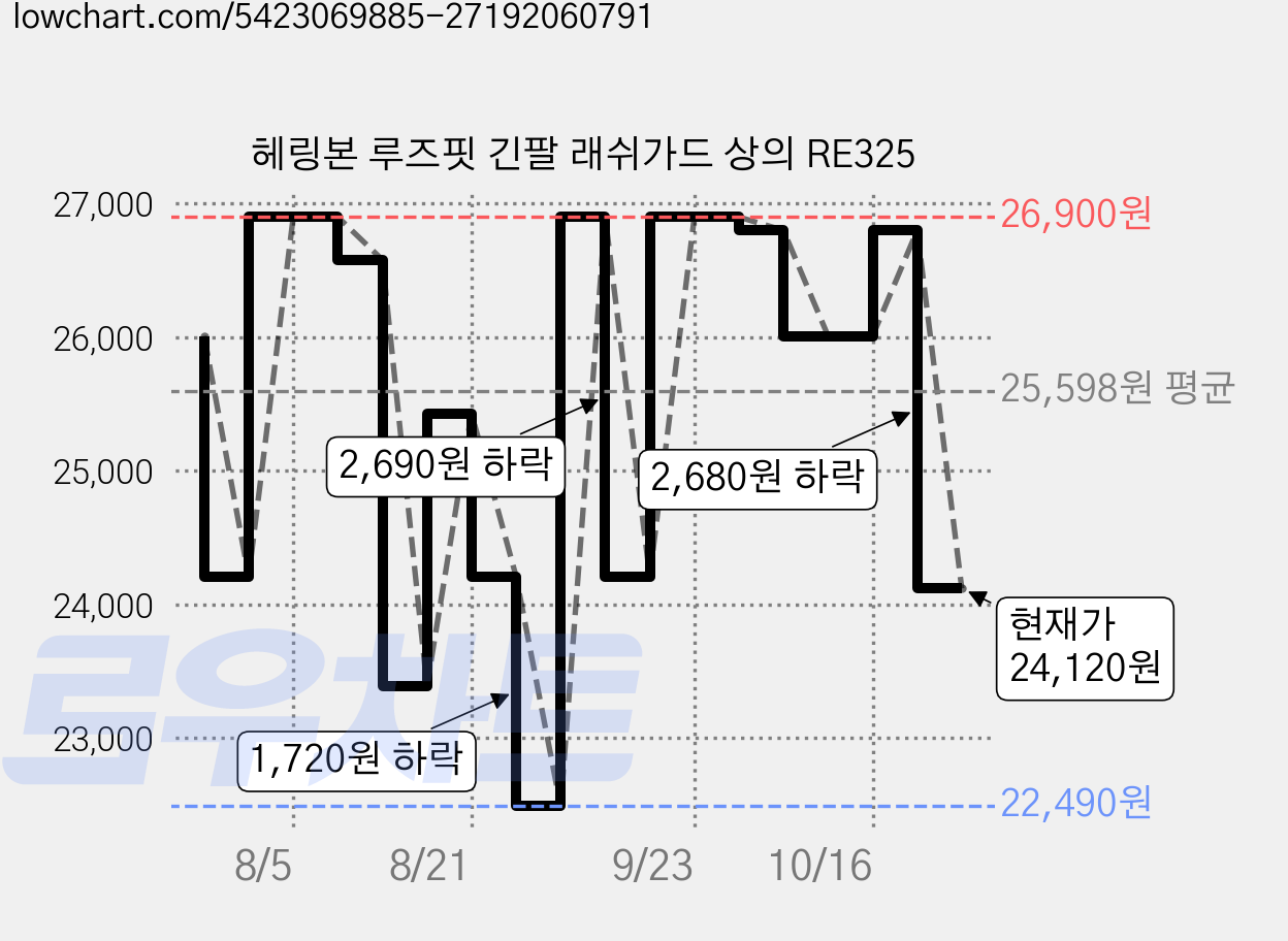 헤링본 루즈핏 긴팔 래쉬가드 상의 RE325 가격 변동 차트, 현재가 24,120원, 관측 최저가 22,490원