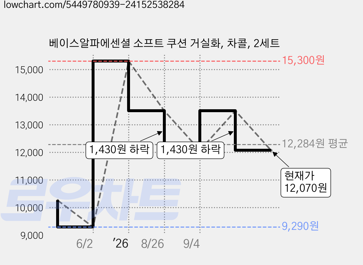 베이스알파에센셜 소프트 쿠션 거실화, 차콜, 2세트 가격 변동 차트, 현재가 12,070원, 관측 최저가 9,290원