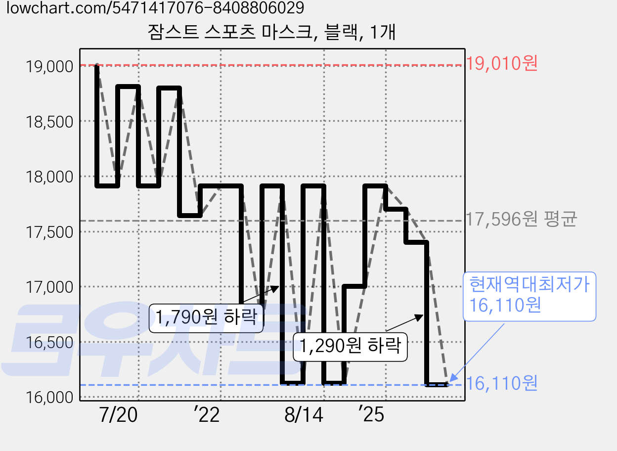 잠스트 스포츠 마스크, 블랙, 1개 가격 변동 차트, 현재가 16,110원, 역대최저가