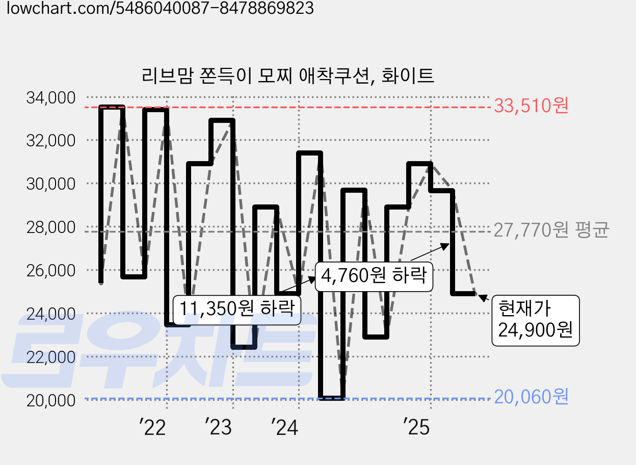 리브맘 쫀득이 모찌 애착쿠션, 화이트 가격 변동 차트, 현재가 24,900원, 관측 최저가 20,060원