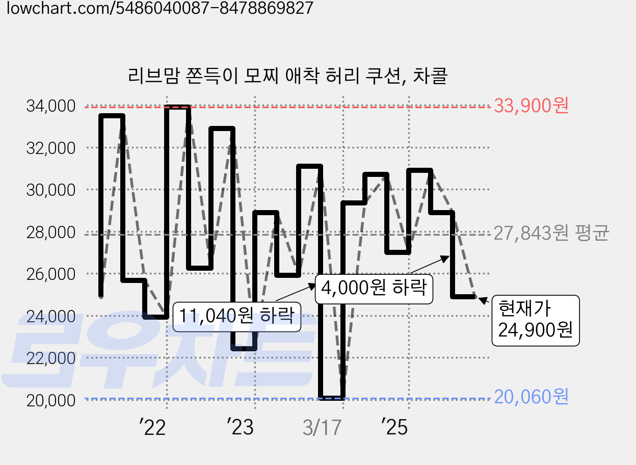 리브맘 쫀득이 모찌 애착 허리 쿠션, 차콜 가격 변동 차트, 현재가 24,900원, 관측 최저가 20,060원