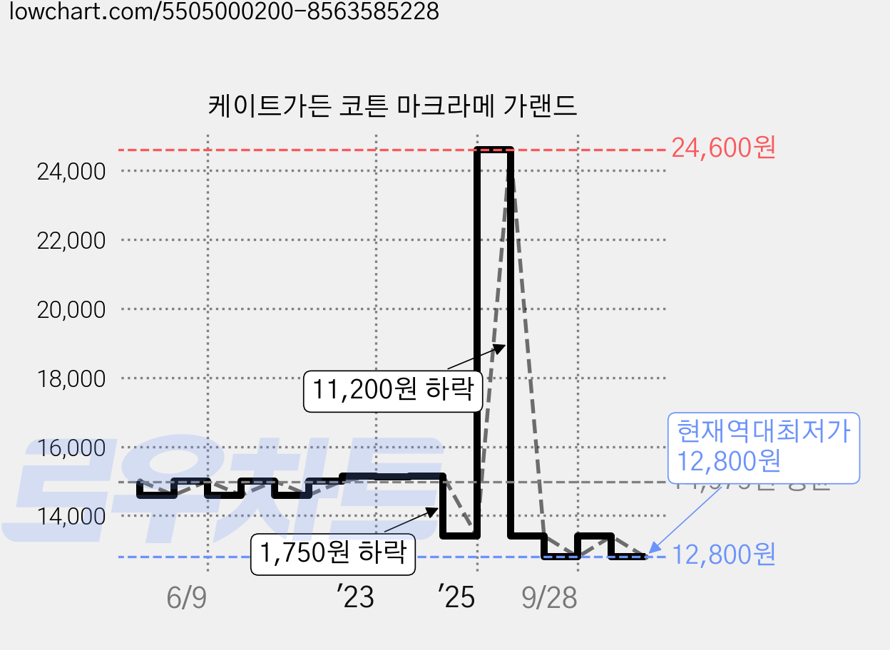 케이트가든 코튼 마크라메 가랜드 가격 변동 차트, 현재가 12,800원, 역대최저가