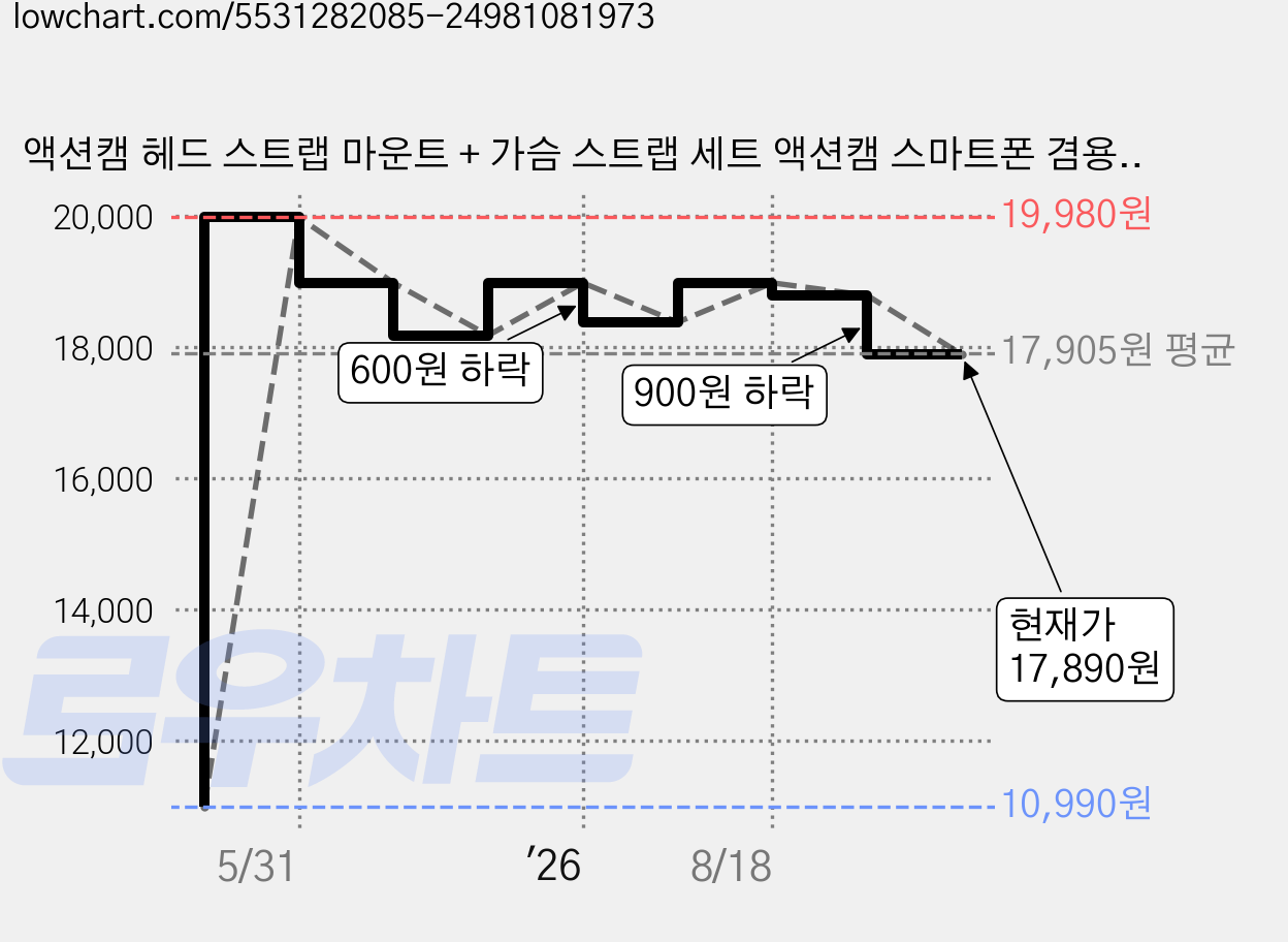 액션캠 헤드 스트랩 마운트 + 가슴 스트랩 세트 액션캠 스마트폰 겸용 1인칭 촬영 거치대 가격 변동 차트, 현재가 17,890원, 관측 최저가 10,990원