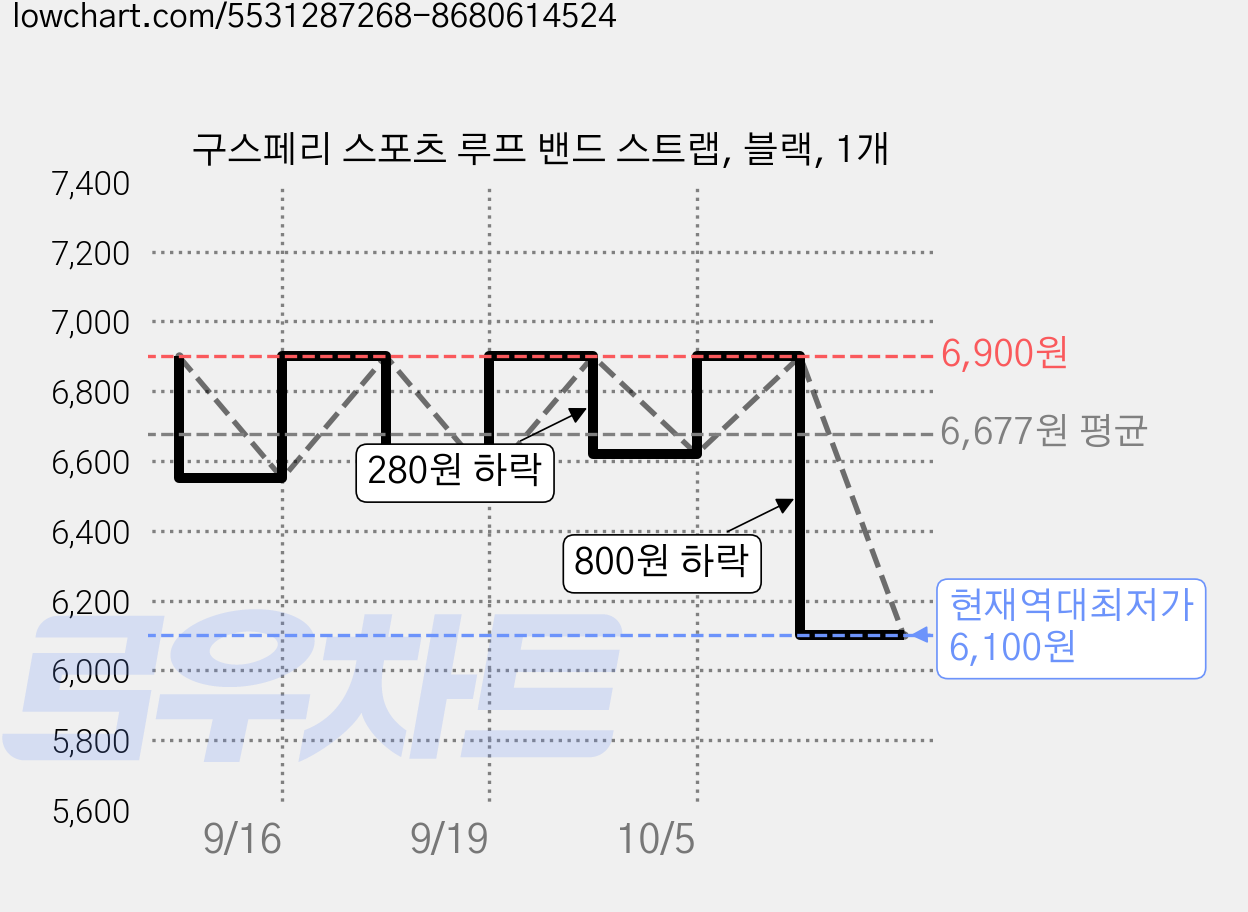 구스페리 스포츠 루프 밴드 스트랩, 블랙, 1개 가격 변동 차트, 현재가 6,100원, 역대최저가