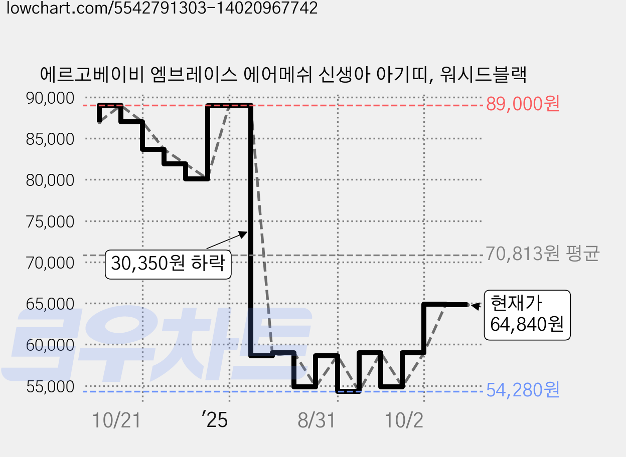 에르고베이비 엠브레이스 에어메쉬 신생아 아기띠, 워시드블랙 가격 변동 차트, 현재가 64,840원, 관측 최저가 54,280원