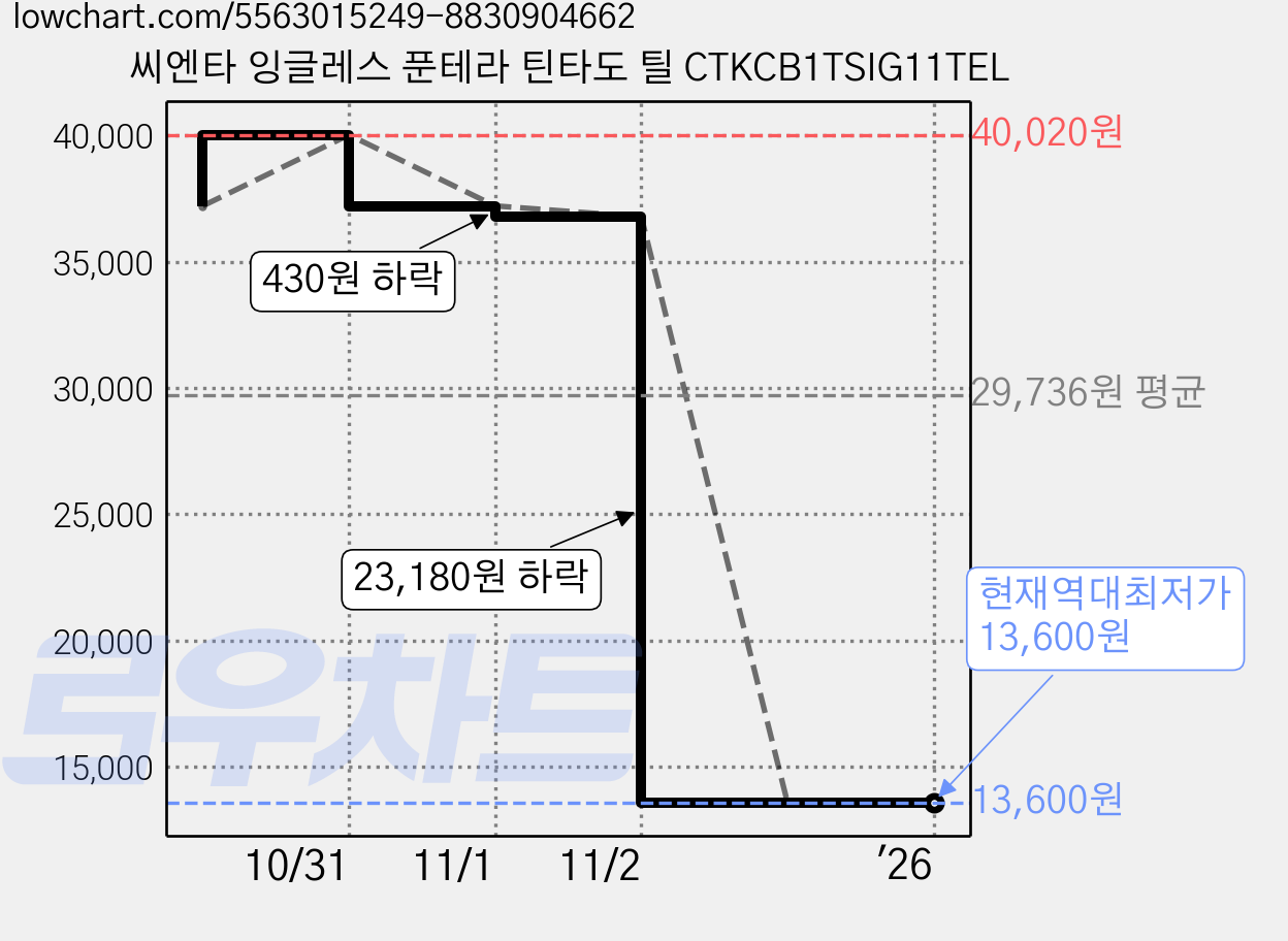 씨엔타 잉글레스 푼테라 틴타도 틸 CTKCB1TSIG11TEL 가격 변동 차트, 현재가 13,600원, 역대최저가