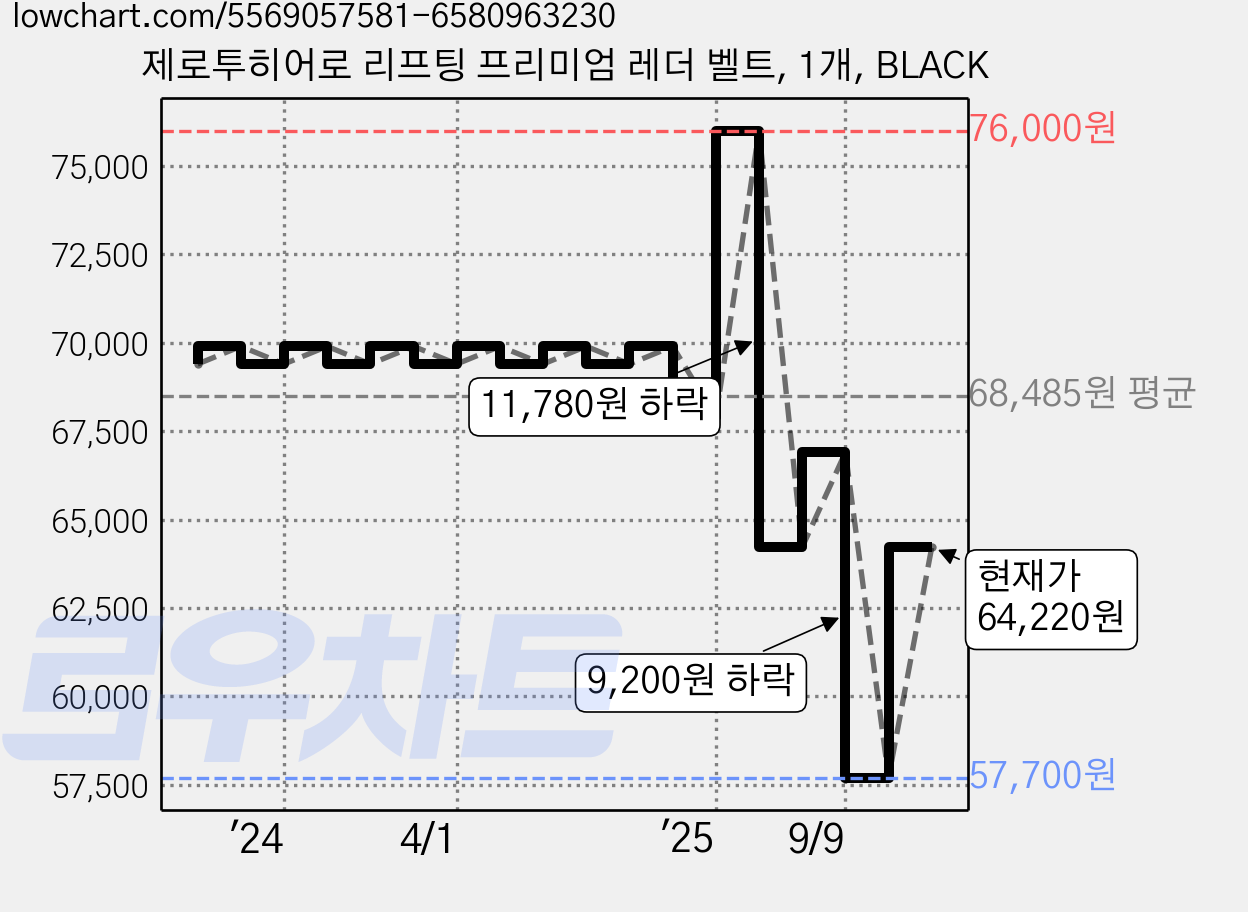 제로투히어로 리프팅 프리미엄 레더 벨트, 1개, BLACK 가격 변동 차트, 현재가 64,220원, 관측 최저가 57,700원