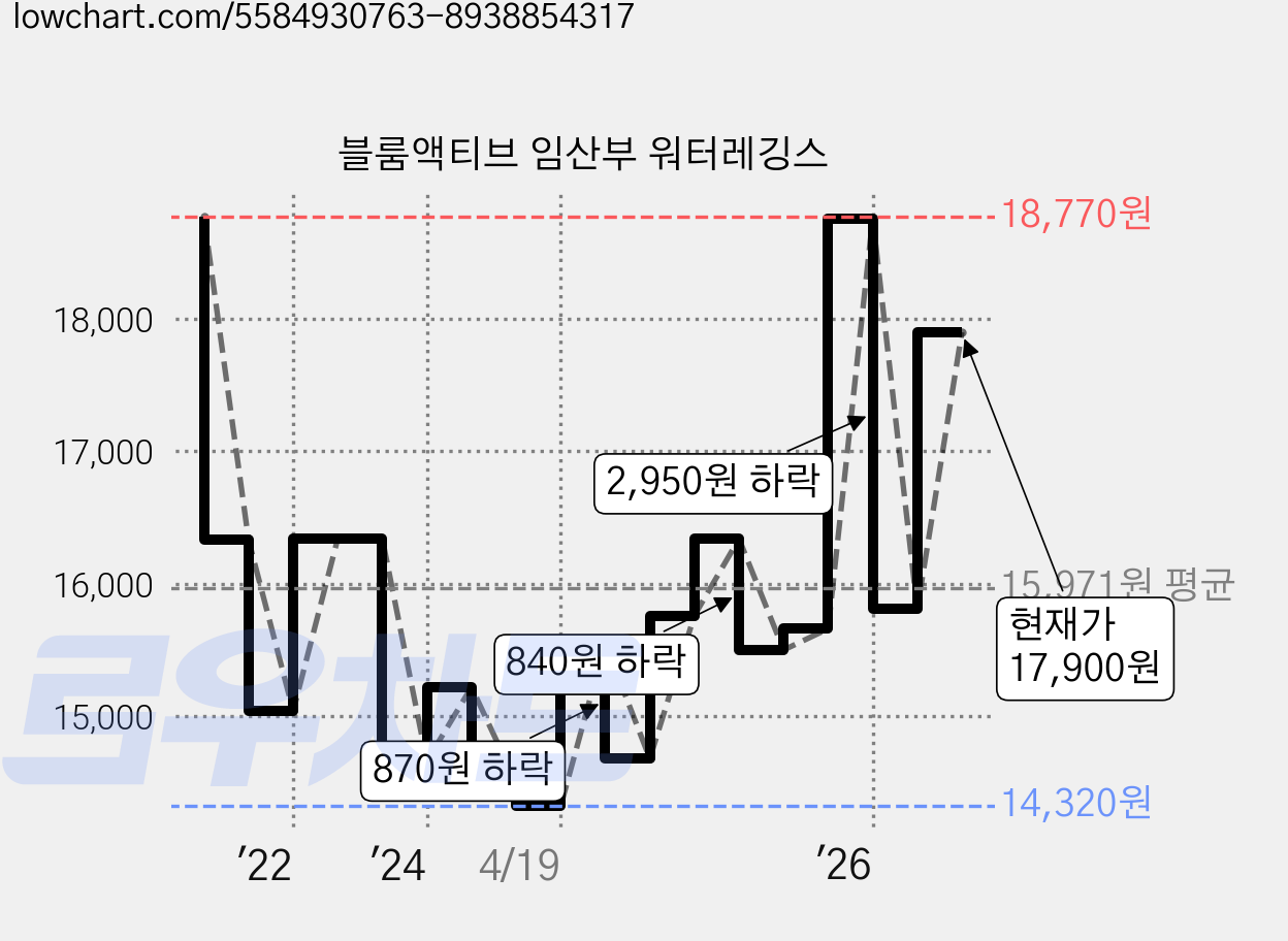 블룸액티브 임산부 워터레깅스 가격 변동 차트, 현재가 17,900원, 관측 최저가 14,320원