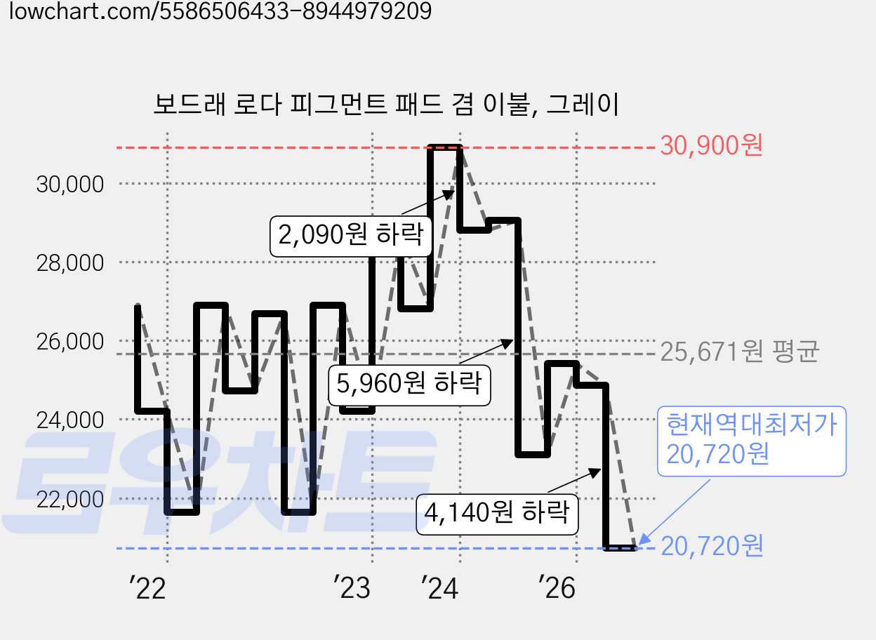 보드래 로다 피그먼트 패드 겸 이불, 그레이 가격 변동 차트, 현재가 20,720원, 역대최저가