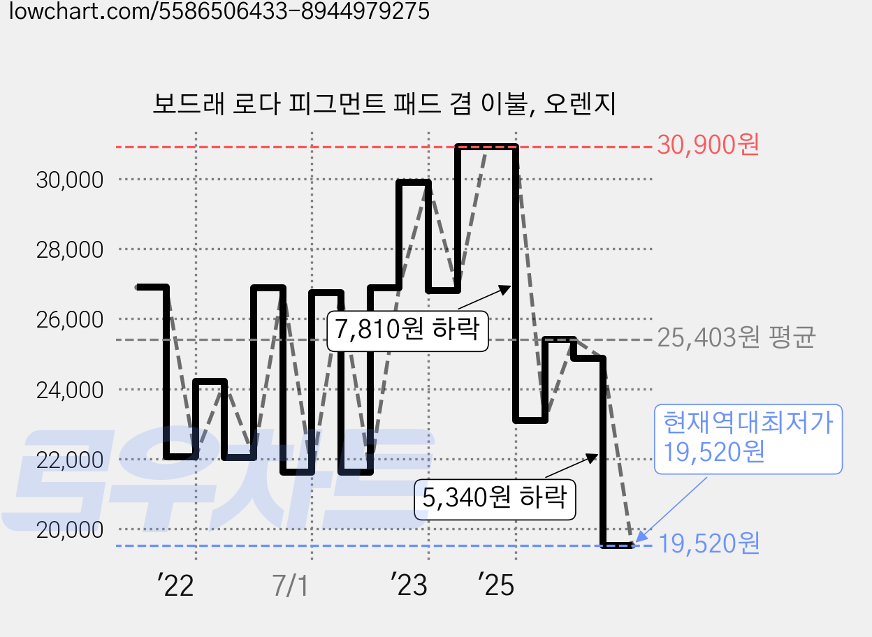 보드래 로다 피그먼트 패드 겸 이불, 오렌지 가격 변동 차트, 현재가 19,520원, 역대최저가