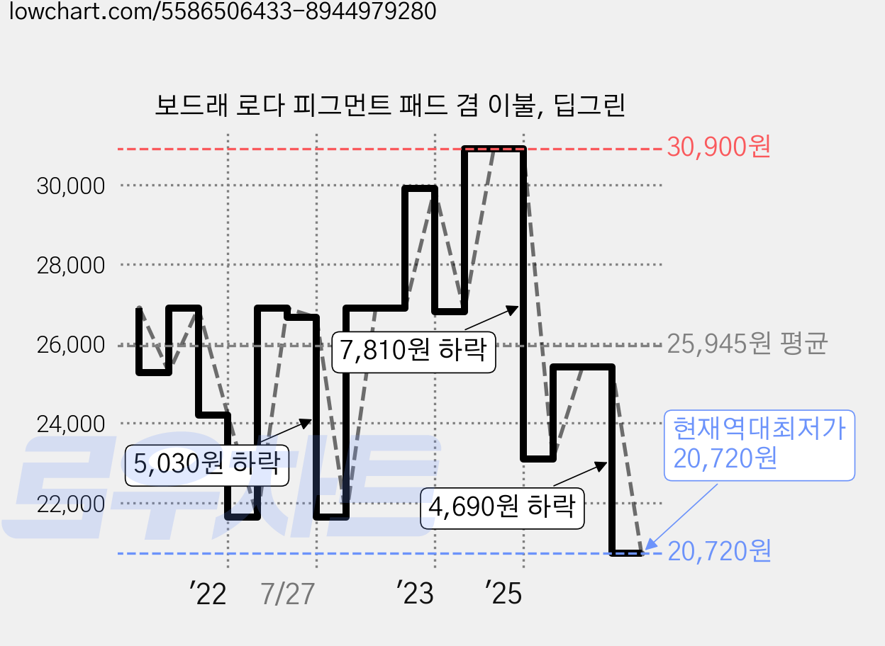보드래 로다 피그먼트 패드 겸 이불, 딥그린 가격 변동 차트, 현재가 20,720원, 역대최저가