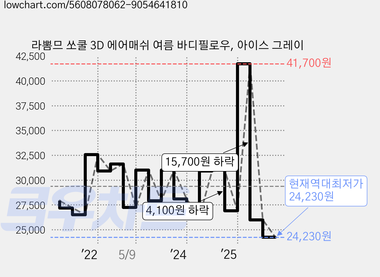 라뽐므 쏘쿨 3D 에어매쉬 여름 바디필로우, 아이스 그레이 가격 변동 차트, 현재가 24,230원, 역대최저가