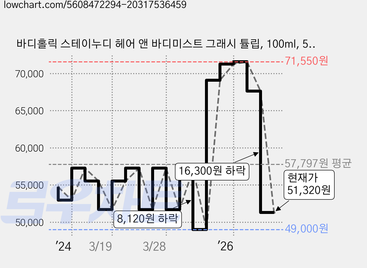 바디홀릭 스테이누디 헤어 앤 바디미스트 그래시 튤립, 100ml, 5개 가격 변동 차트, 현재가 51,320원, 관측 최저가 49,000원