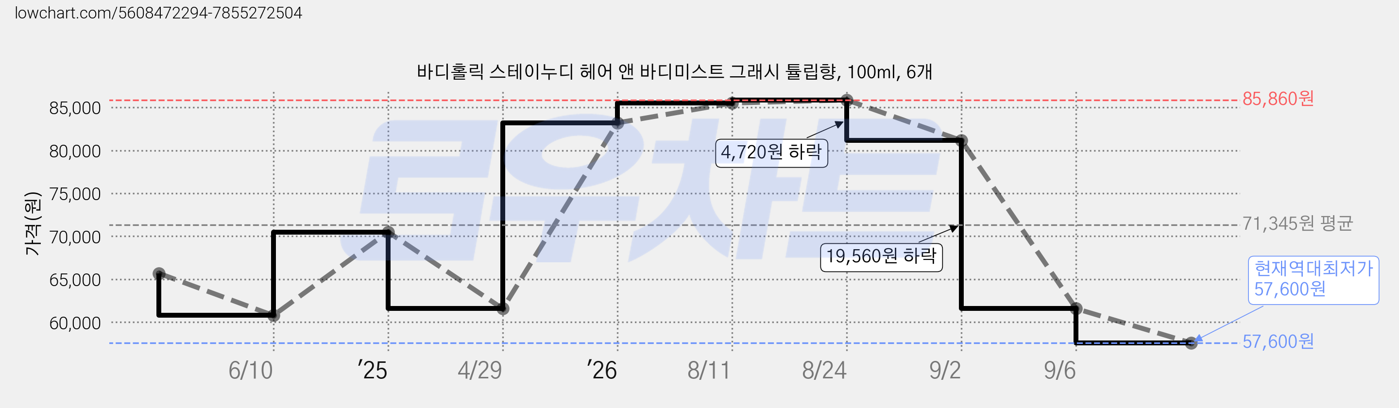 바디홀릭 스테이누디 헤어 앤 바디미스트 그래시 튤립향, 100ml, 6개 가격 변동 차트, 현재가 57,600원, 역대최저가