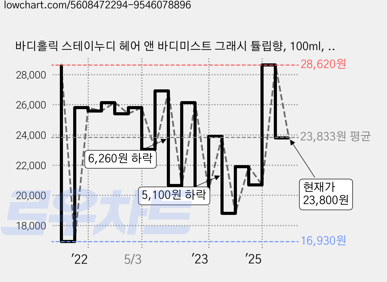 바디홀릭 스테이누디 헤어 앤 바디미스트 그래시 튤립향, 100ml, 2개 가격 변동 차트, 현재가 23,800원, 관측 최저가 16,930원