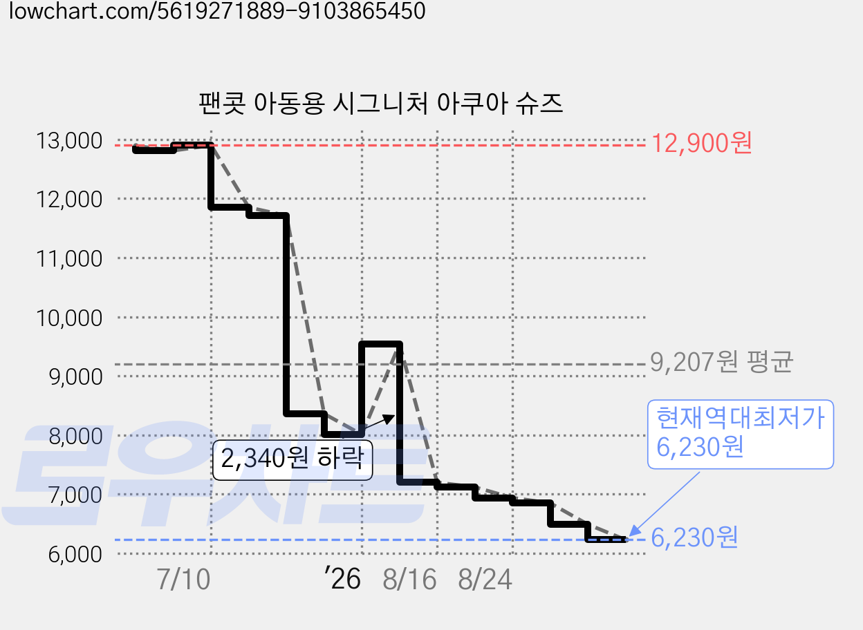 팬콧 아동용 시그니처 아쿠아 슈즈 가격 변동 차트, 현재가 6,230원, 역대최저가