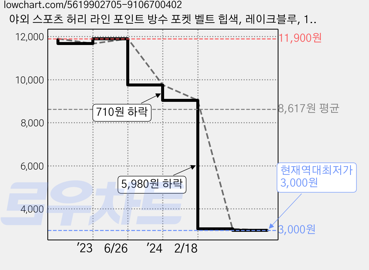 야외 스포츠 허리 라인 포인트 방수 포켓 벨트 힙색, 레이크블루, 1개 가격 변동 차트, 현재가 3,000원, 역대최저가