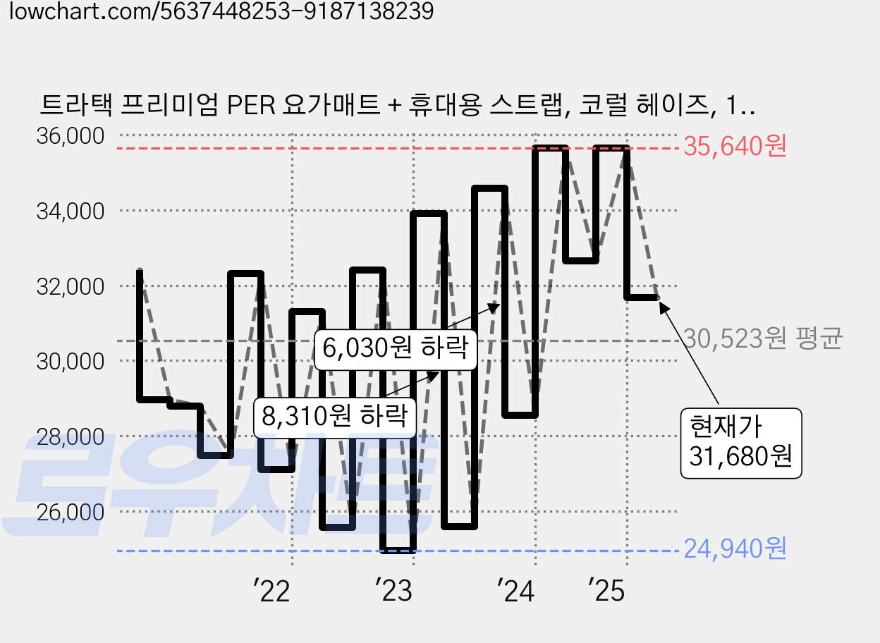 트라택 프리미엄 PER 요가매트 + 휴대용 스트랩, 코럴 헤이즈, 1개 가격 변동 차트, 현재가 31,680원, 관측 최저가 24,560원