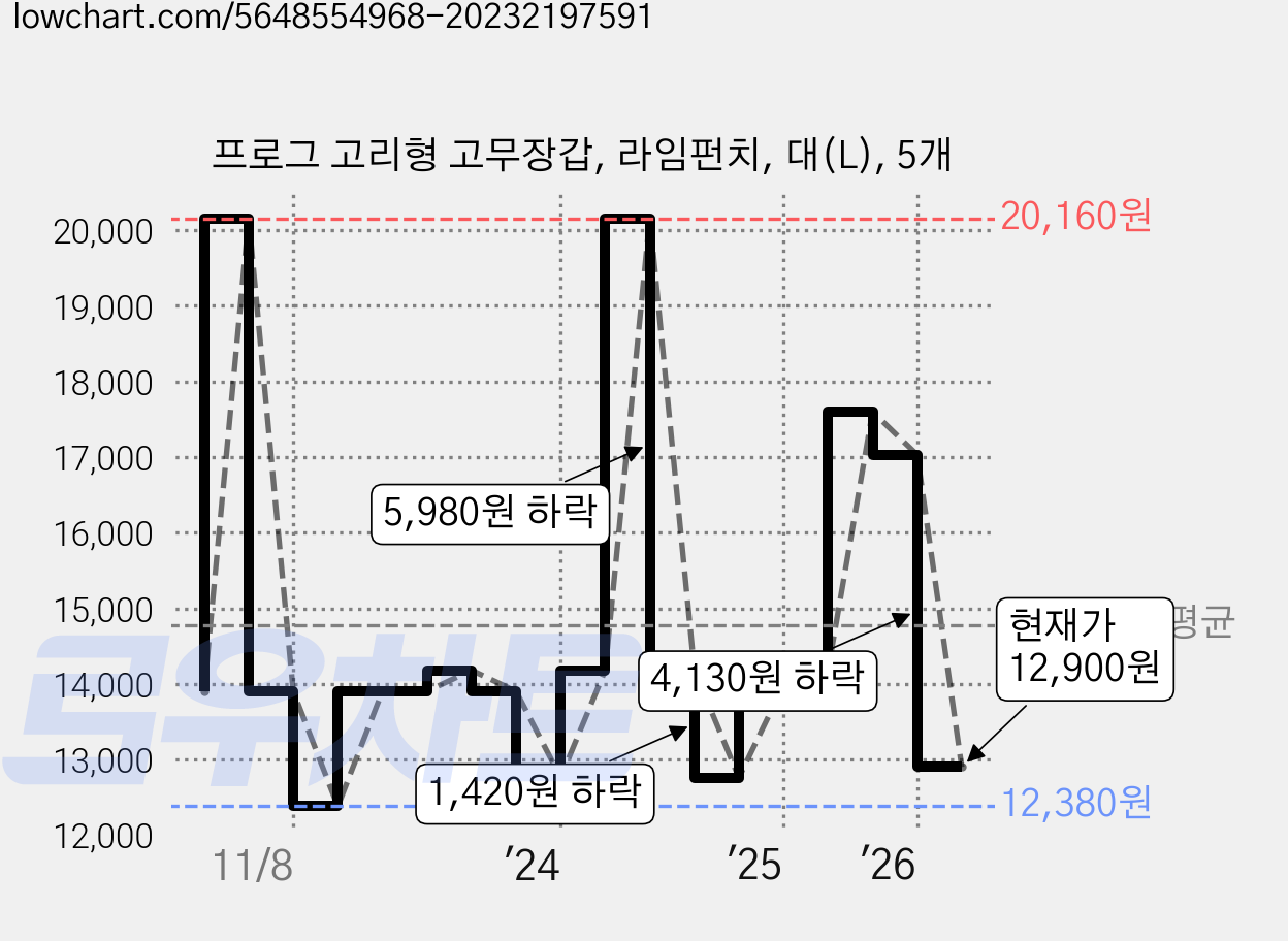 프로그 고리형 고무장갑, 라임펀치, 대(L), 5개 가격 변동 차트, 현재가 12,900원, 관측 최저가 12,380원