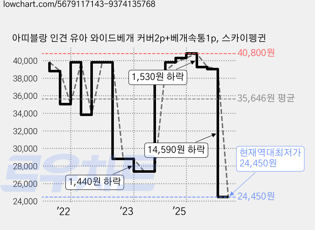 아띠블랑 인견 유아 와이드베개 커버2p+베개속통1p, 스카이펭귄 가격 변동 차트, 현재가 24,450원, 역대최저가
