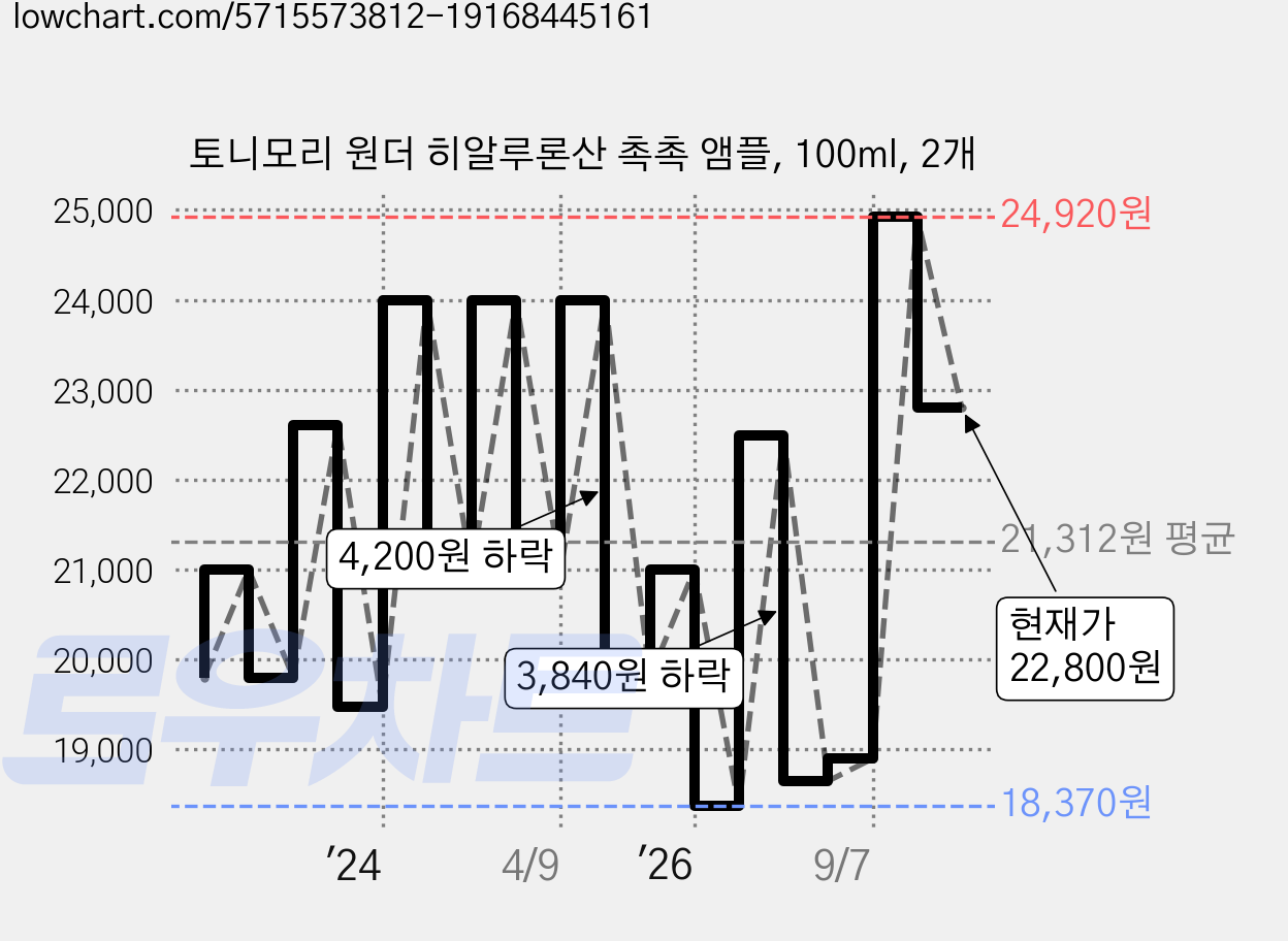 토니모리 원더 히알루론산 촉촉 앰플, 100ml, 2개 가격 변동 차트, 현재가 22,800원, 관측 최저가 18,370원