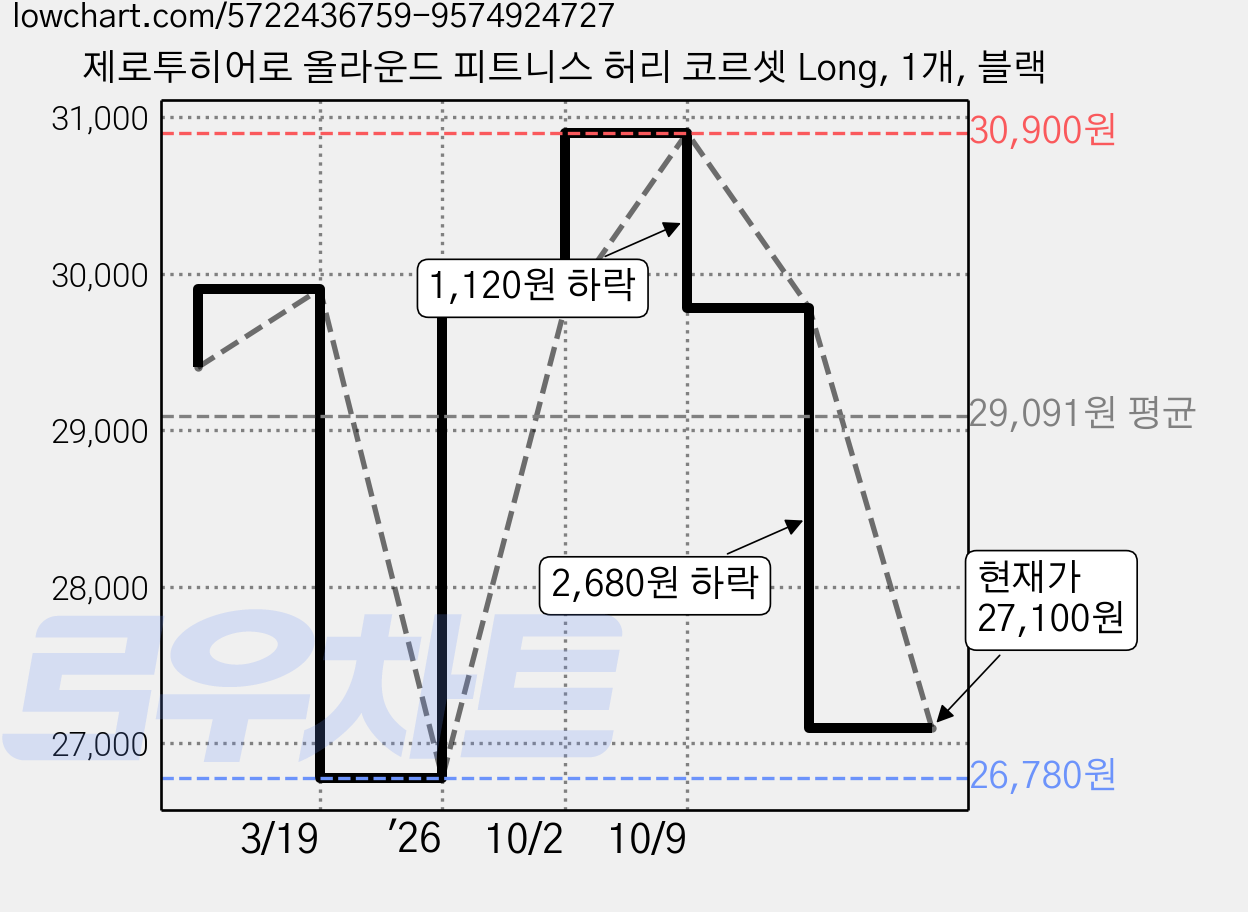 제로투히어로 올라운드 피트니스 허리 코르셋 Long, 1개, 블랙 가격 변동 차트, 현재가 27,100원, 관측 최저가 26,780원