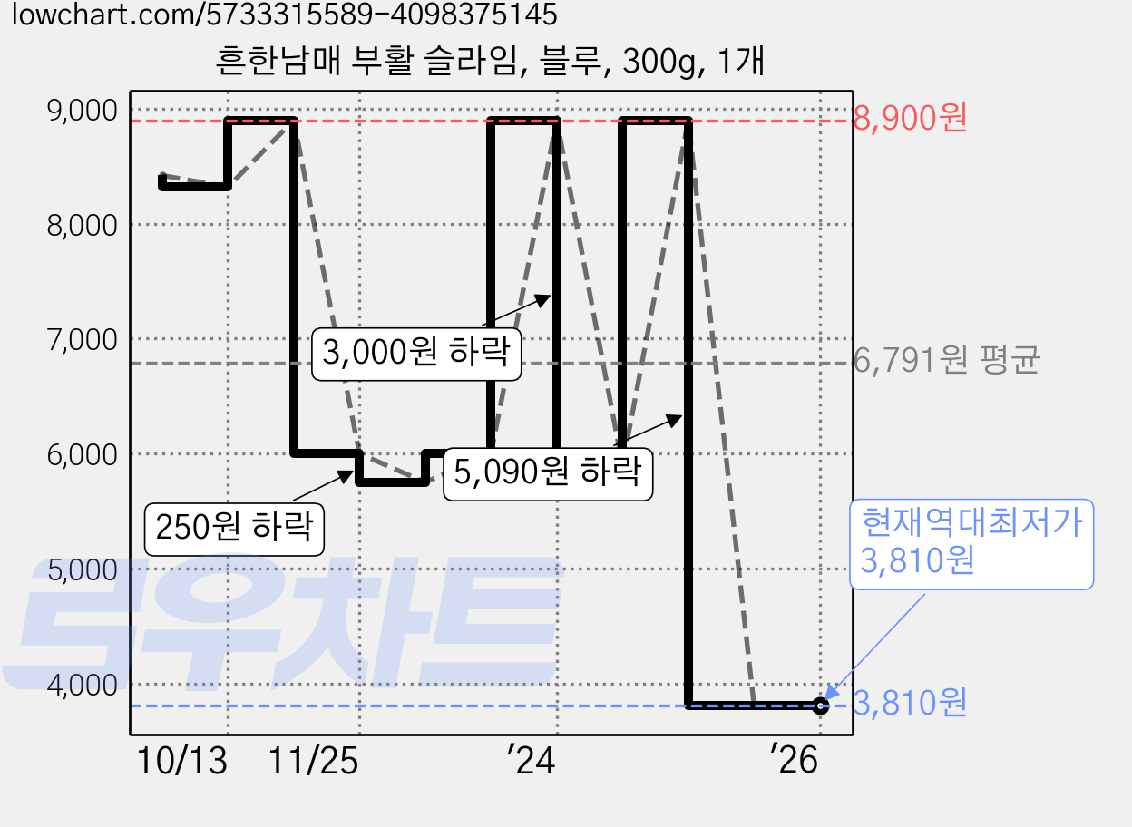 흔한남매 부활 슬라임, 블루, 300g, 1개 가격 변동 차트, 현재가 3,810원, 역대최저가