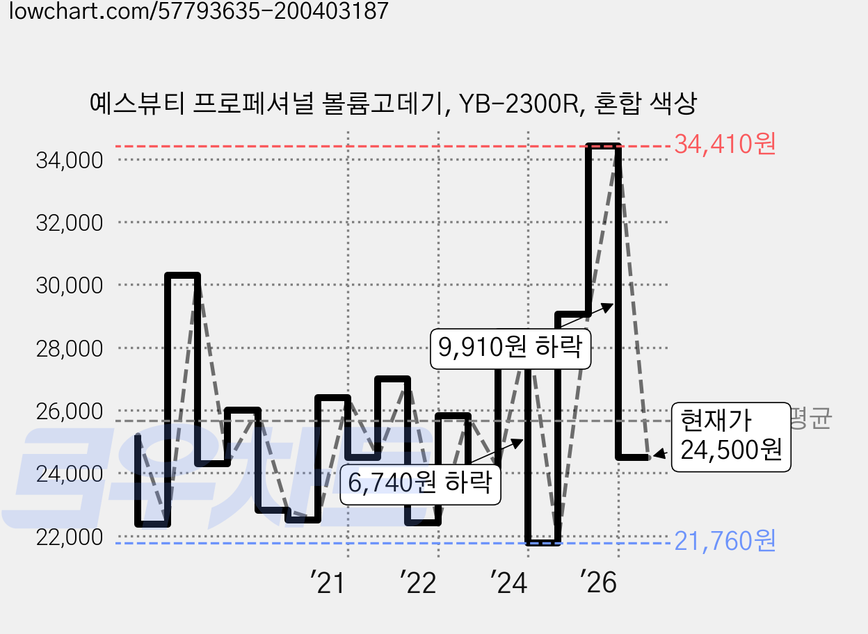 예스뷰티 프로페셔널 볼륨고데기, YB-2300R, 혼합 색상 가격 변동 차트, 현재가 24,500원, 관측 최저가 16,390원