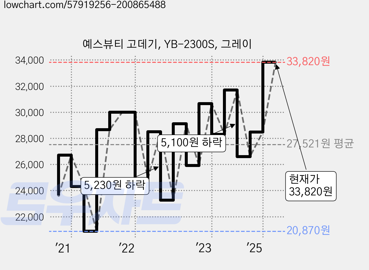 예스뷰티 고데기, YB-2300S, 그레이 가격 변동 차트, 현재가 33,820원, 관측 최저가 20,870원