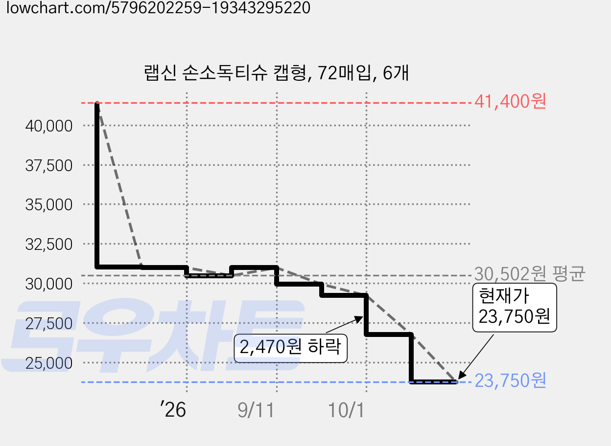 랩신 손소독티슈 캡형, 72매입, 6개 가격 변동 차트, 현재가 23,750원, 관측 최저가 23,300원