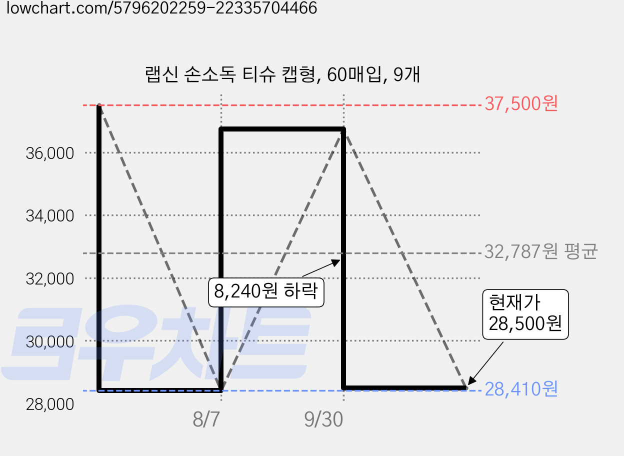 랩신 손소독 티슈 캡형, 60매입, 9개 가격 변동 차트, 현재가 28,500원, 관측 최저가 28,410원
