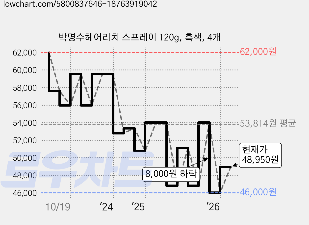 박명수헤어리치 스프레이 120g, 흑색, 4개 가격 변동 차트, 현재가 48,950원, 관측 최저가 46,000원