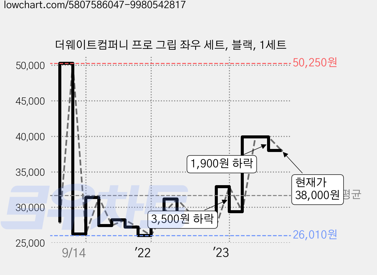 더웨이트컴퍼니 프로 그립 좌우 세트, 블랙, 1세트 가격 변동 차트, 현재가 38,000원, 관측 최저가 25,710원
