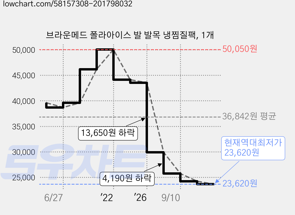 브라운메드 폴라아이스 발 발목 냉찜질팩, 1개 가격 변동 차트, 현재가 23,620원, 역대최저가