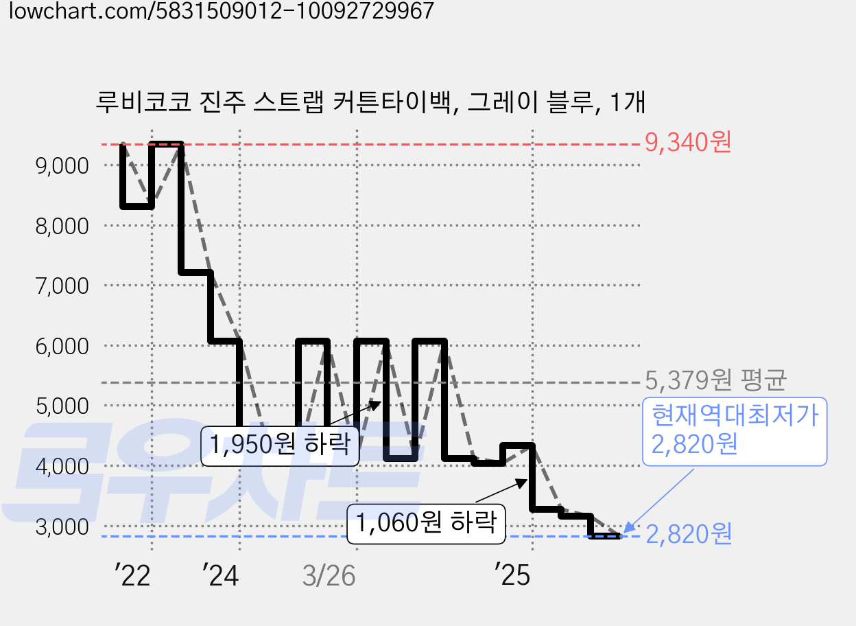 루비코코 진주 스트랩 커튼타이백, 그레이 블루, 1개 가격 변동 차트, 현재가 2,820원, 역대최저가