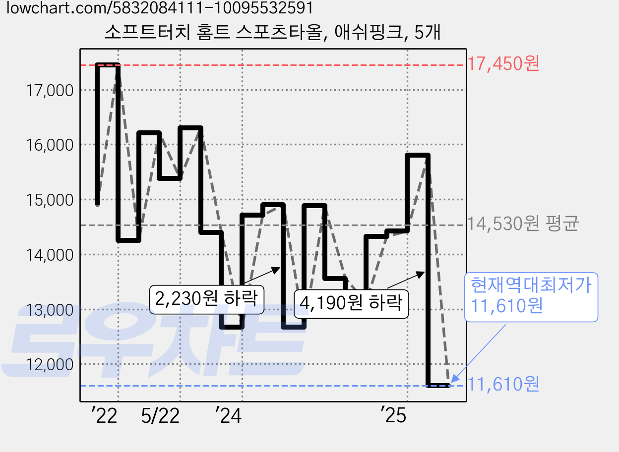소프트터치 홈트 스포츠타올, 애쉬핑크, 5개 가격 변동 차트, 현재가 11,610원, 역대최저가