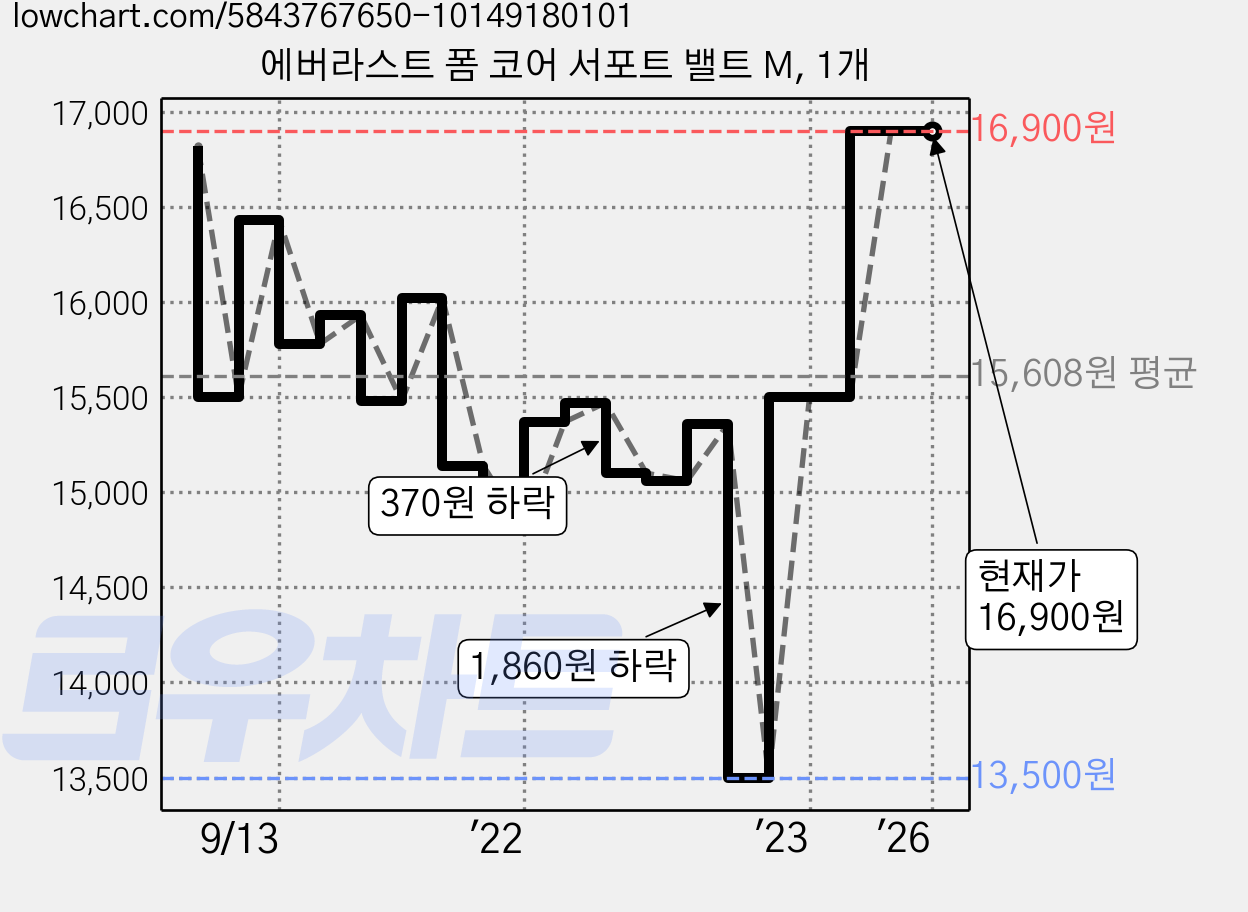 에버라스트 폼 코어 서포트 밸트 M, 1개 가격 변동 차트, 현재가 16,900원, 역대최저가