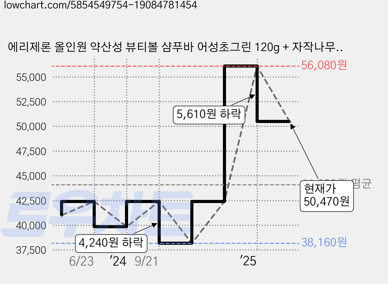 에리제론 올인원 약산성 뷰티볼 샴푸바 어성초그린 120g + 자작나무 패키지, 2세트 가격 변동 차트, 현재가 50,470원, 관측 최저가 38,160원