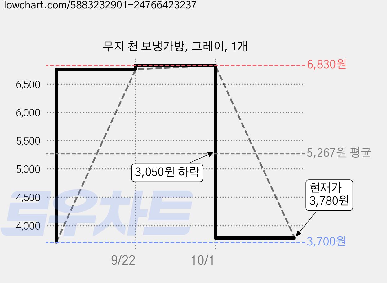 무지 천 보냉가방, 그레이, 1개 가격 변동 차트, 현재가 3,780원, 관측 최저가 3,700원