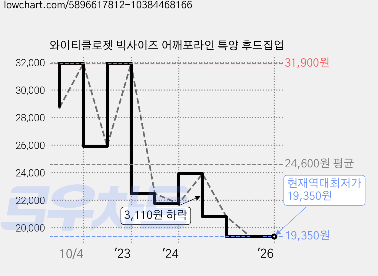와이티클로젯 빅사이즈 어깨포라인 특양 후드집업 가격 변동 차트, 현재가 19,350원, 역대최저가