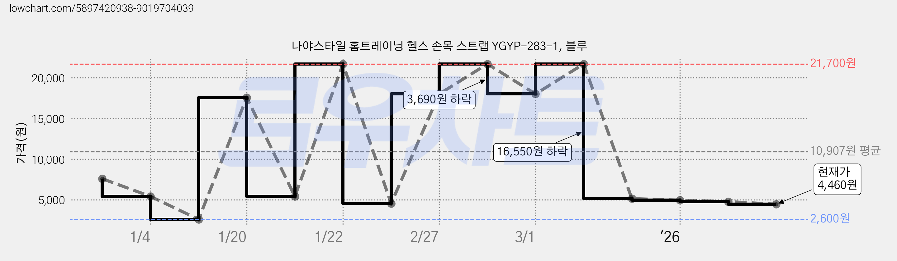 나야스타일 홈트레이닝 헬스 손목 스트랩 YGYP-283-1, 블루 가격 변동 차트, 현재가 4,460원, 관측 최저가 2,600원
