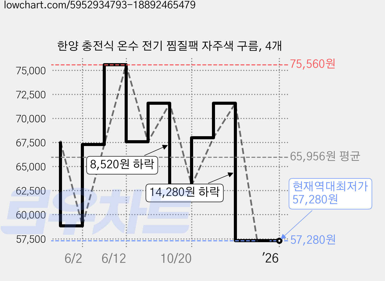 한양 충전식 온수 전기 찜질팩 자주색 구름, 4개 가격 변동 차트, 현재가 57,280원, 역대최저가