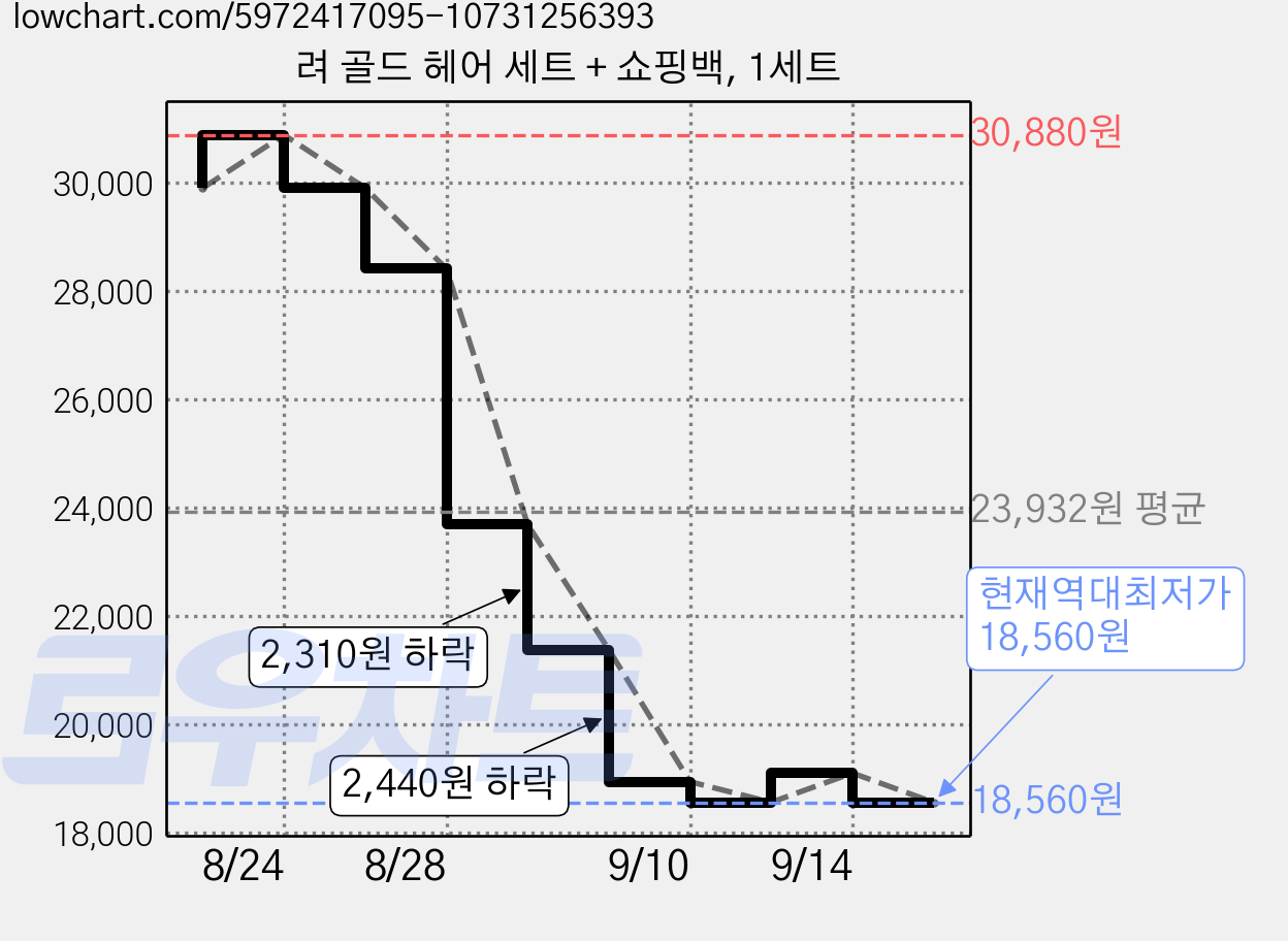 려 골드 헤어 세트 + 쇼핑백, 1세트 가격 변동 차트, 현재가 18,560원, 역대최저가