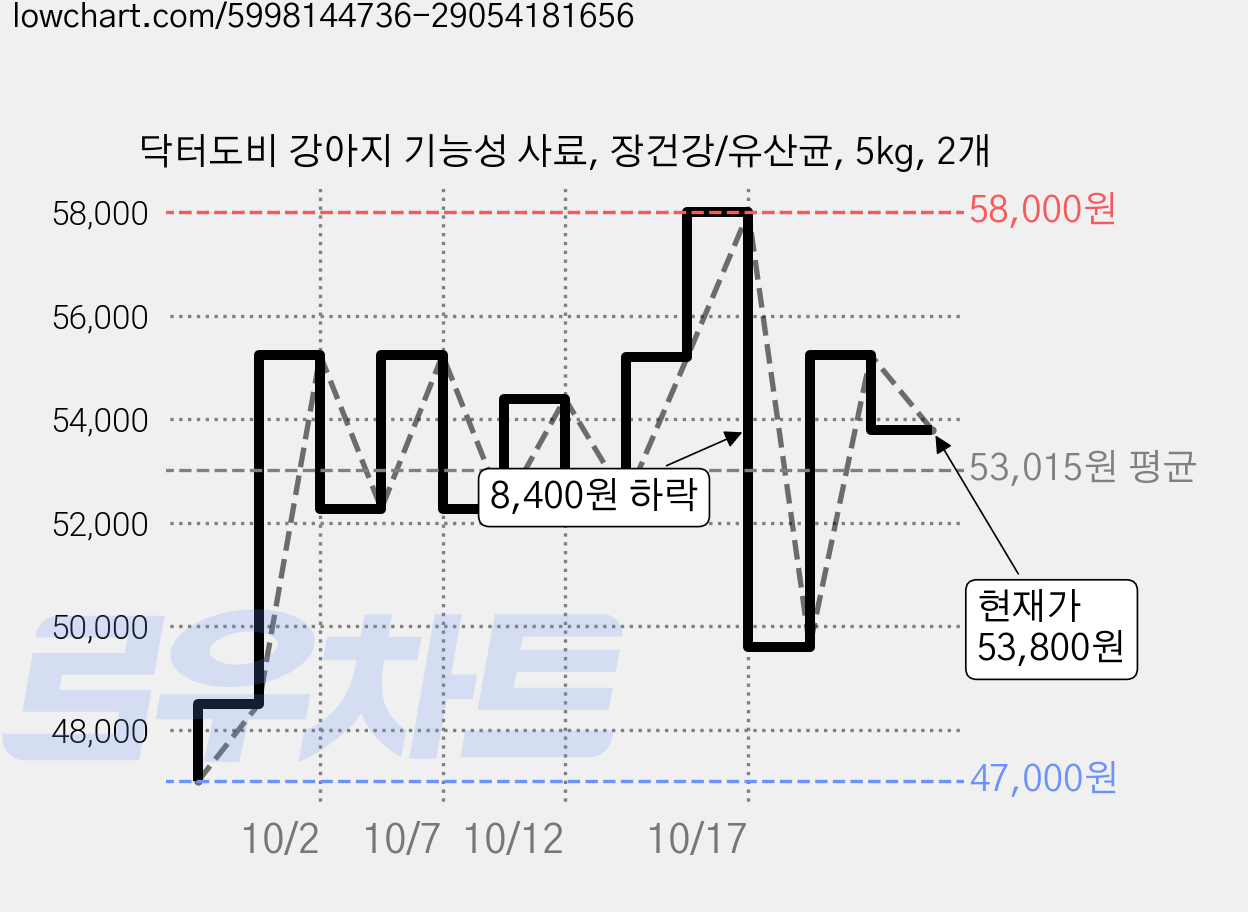 닥터도비 강아지 기능성 사료, 장건강/유산균, 5kg, 2개 가격 변동 차트, 현재가 53,800원, 관측 최저가 45,600원