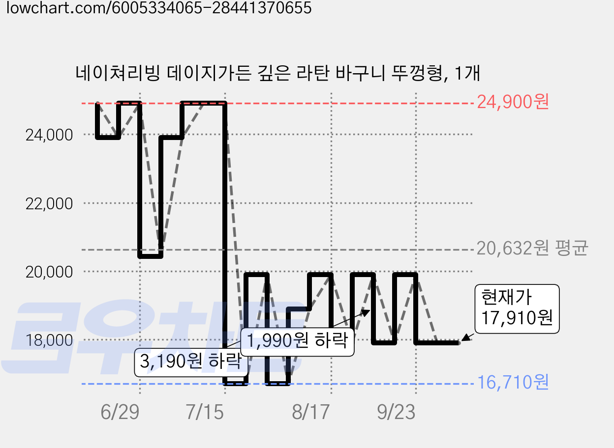네이쳐리빙 데이지가든 깊은 라탄 바구니 뚜껑형, 1개 가격 변동 차트, 현재가 17,910원, 관측 최저가 16,710원