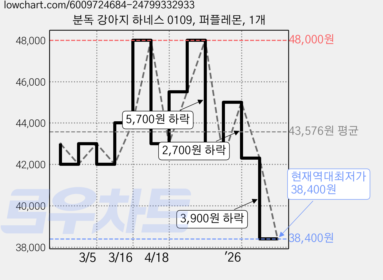 분독 강아지 하네스 0109, 퍼플레몬, 1개 가격 변동 차트, 현재가 38,400원, 역대최저가