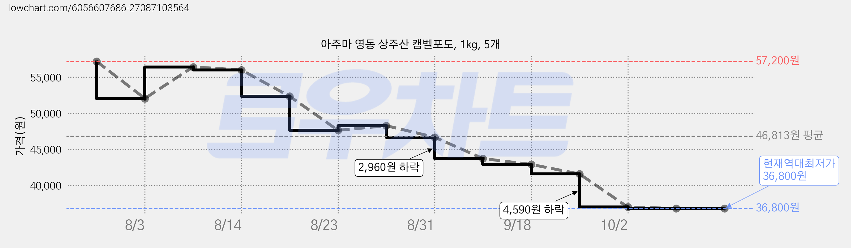 아주마 영동 상주산 캠벨포도, 1kg, 5개 가격 변동 차트, 현재가 36,800원, 역대최저가