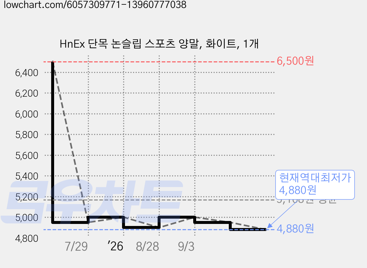 HnEx 단목 논슬립 스포츠 양말, 화이트, 1개 가격 변동 차트, 현재가 4,880원, 역대최저가