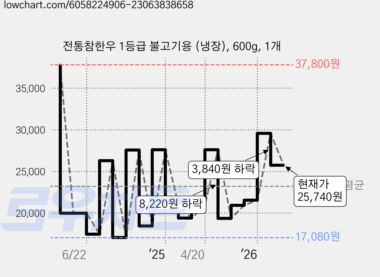 전통참한우 1등급 불고기용 (냉장), 600g, 1개 가격 변동 차트, 현재가 25,740원, 관측 최저가 17,080원
